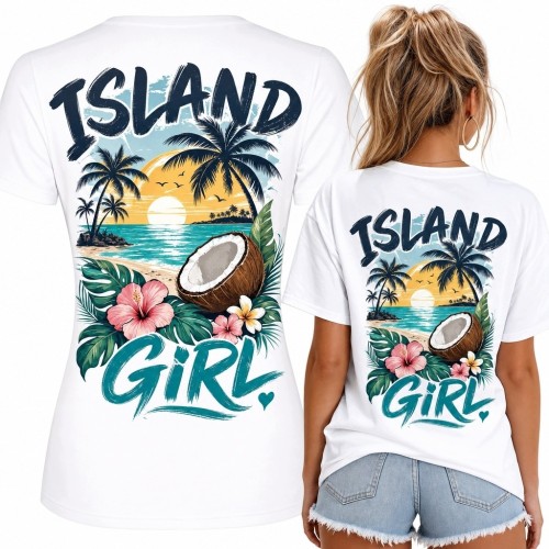 Koszulka damska „Island Girl” - tropikalna wyspa i zachód słońca
