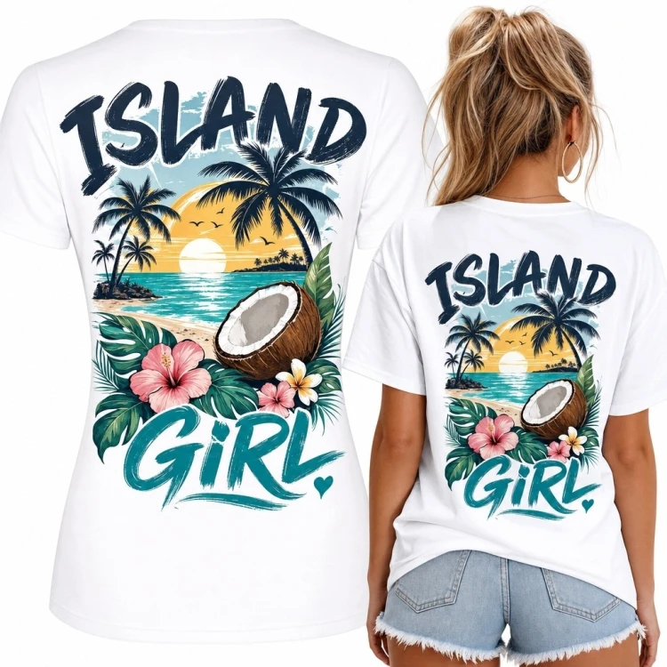 Koszulka damska „Island Girl” - tropikalna wyspa i zachód słońca