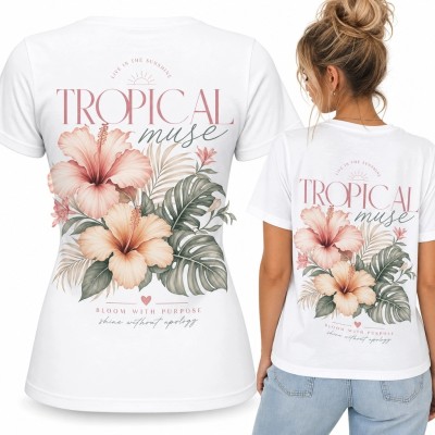 Koszulka damska z hibiskusami „Tropical muse” - tropikalny nadruk na plecach