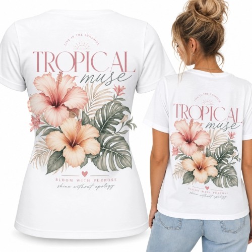 Koszulka damska z hibiskusami „Tropical muse” - tropikalny nadruk na plecach