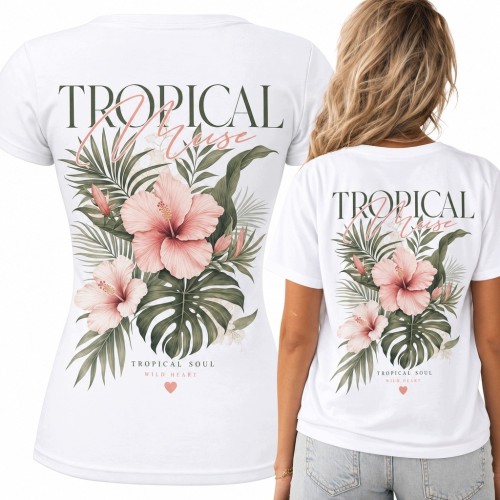 Koszulka damska z hibiskusami „Tropical Paradise” - tropikalny nadruk na plecach