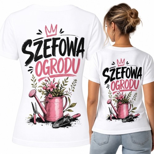Koszulka damska dla ogrodniczki „Szefowa ogrodu” - nadruk na plecach