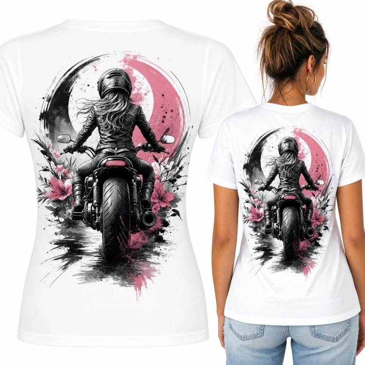 Koszulka damska z motocyklistką i kwiatami - duży nadruk na plecach