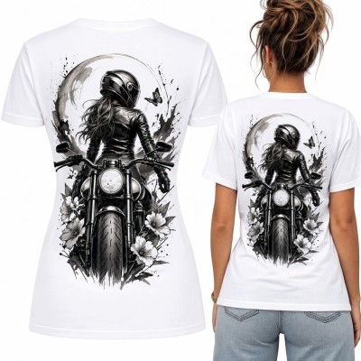 Koszulka damska z motocyklistką, kwiatami i motylami - nadruk na plecach