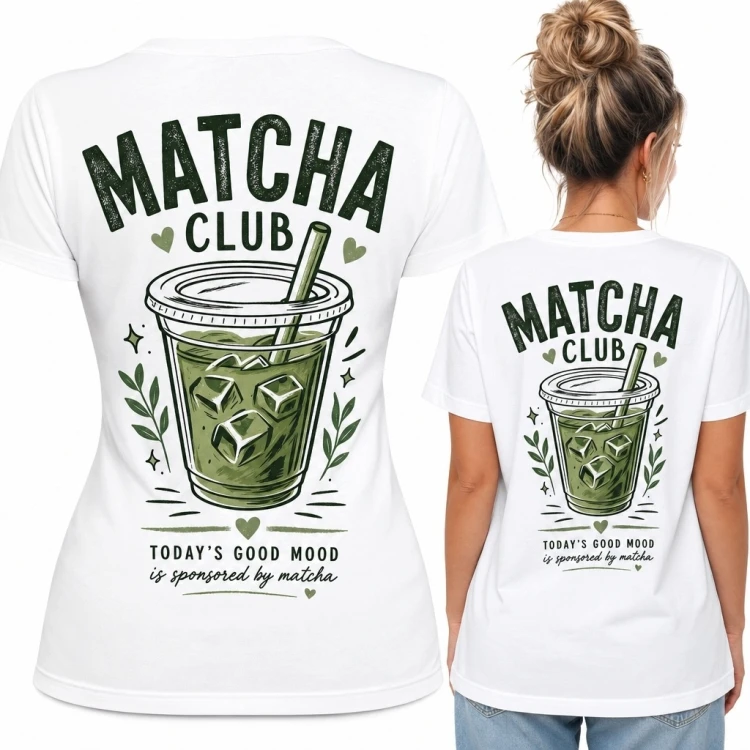 Koszulka damska z mrożoną matchą „Matcha Club” - duży nadruk na plecach