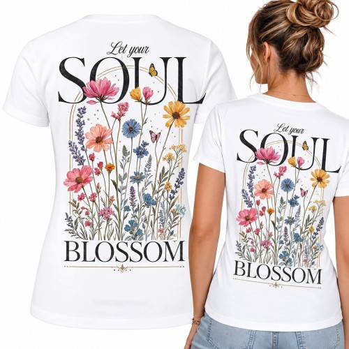 Koszulka damska z kwiatami i motylami „Let your soul blossom” - nadruk na plecach