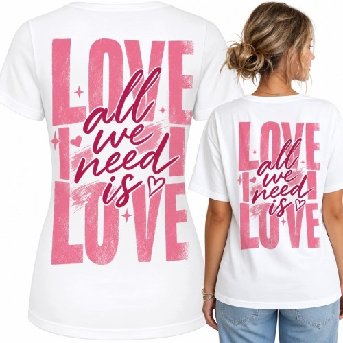 Koszulka damska z nadrukiem na plecach „All we need is love” - różowy motyw miłości