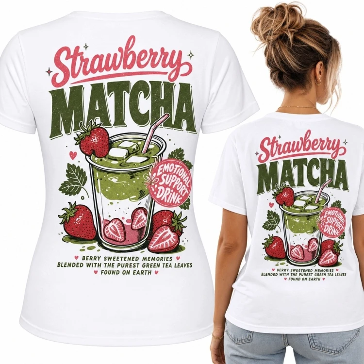 Koszulka damska z truskawkową matchą „Strawberry Matcha” - nadruk retro na plecach