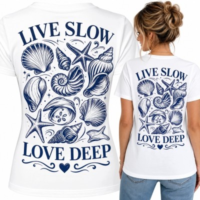 Koszulka damska z muszlami i rozgwiazdami „Live Slow Love Deep” - nadruk na plecach