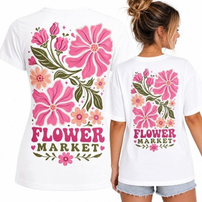 Koszulka damska z kwiatowym nadrukiem „Flower Market” na plecach - styl retro