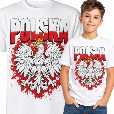 Koszulka chłopięca z orłem i napisem „POLSKA” - biała, z czerwonym tłem w rozpryskach