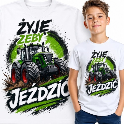 Koszulka chłopięca z zielonym ciągnikiem „Żyję żeby jeździć”