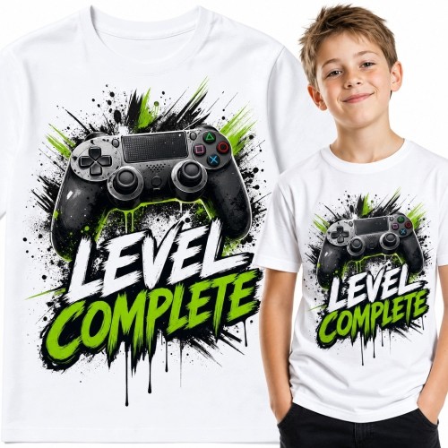 Koszulka chłopięca gamingowa z kontrolerem - „Level Complete”