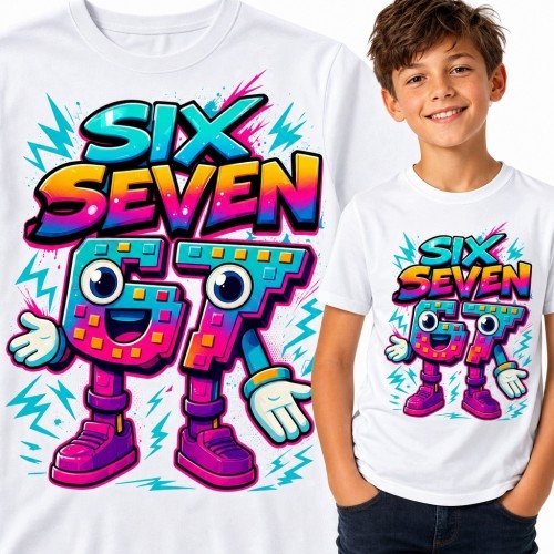 Koszulka chłopięca „Six Seven” z komiksowymi cyframi 6 i 7 - neonowe graffiti