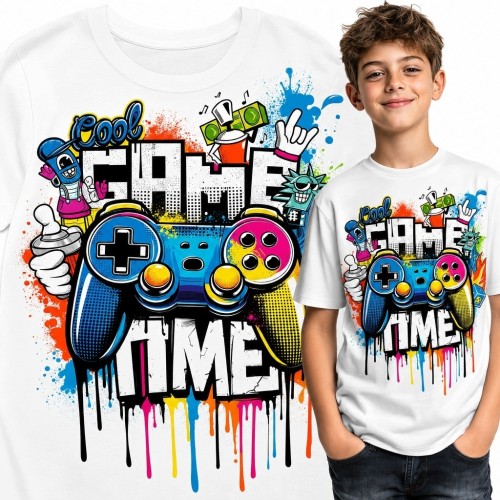 Koszulka chłopięca z kontrolerem „Game Time” - gamingowy wzór graffiti