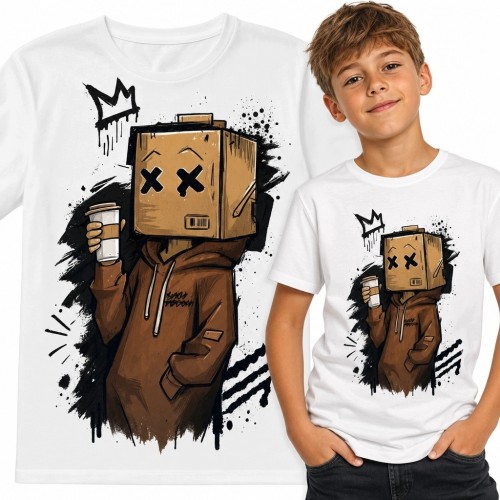 Koszulka chłopięca z postacią z pudłem na głowie - graffiti streetwear