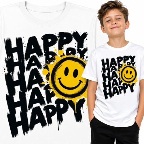Koszulka chłopięca z żółtą buźką i napisem „Happy” w stylu graffiti