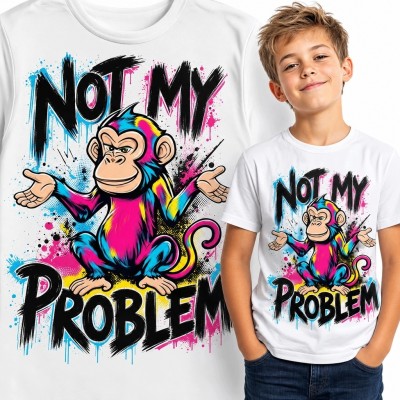 Koszulka chłopięca z komiksową małpą „Not My Problem” - neonowy wzór graffiti