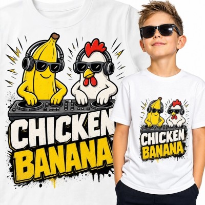 Koszulka chłopięca „Chicken Banana” - banan i kurczak jako duet DJ-ów