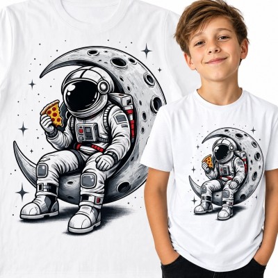 Koszulka chłopięca z astronautą jedzącym pizzę na księżycu - kosmiczny wzór
