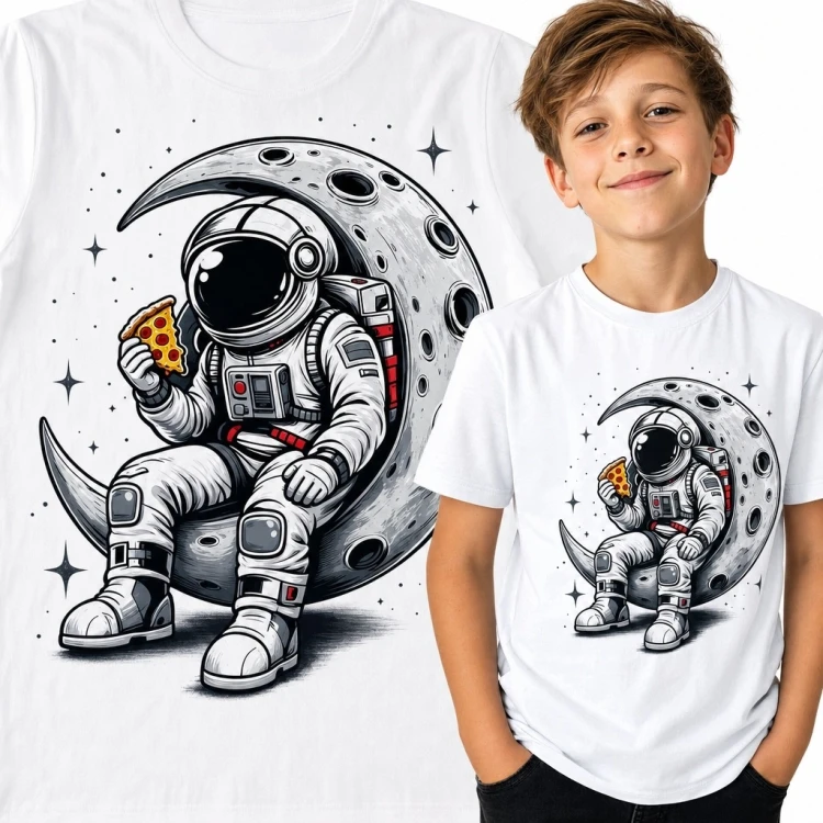Koszulka chłopięca z astronautą jedzącym pizzę na księżycu - kosmiczny wzór