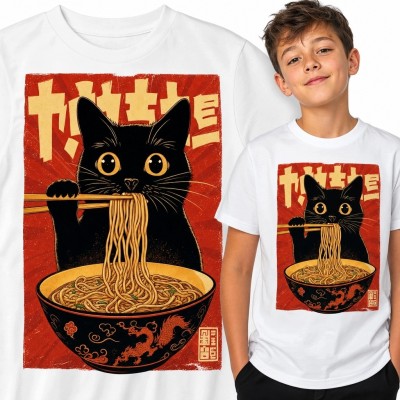 Koszulka chłopięca z czarnym kotem jedzącym ramen - japoński plakat retro