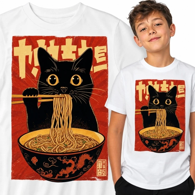 Koszulka chłopięca z czarnym kotem jedzącym ramen - japoński plakat retro