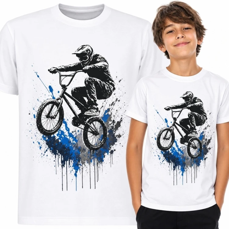 Koszulka chłopięca z rowerzystą BMX podczas skoku - styl graffiti