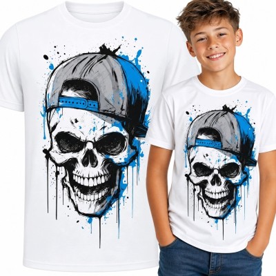 Koszulka chłopięca z czaszką w czapce - streetwear i graffiti