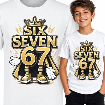 Koszulka chłopięca z komiksową liczbą 67 i koroną „Six Seven 67”