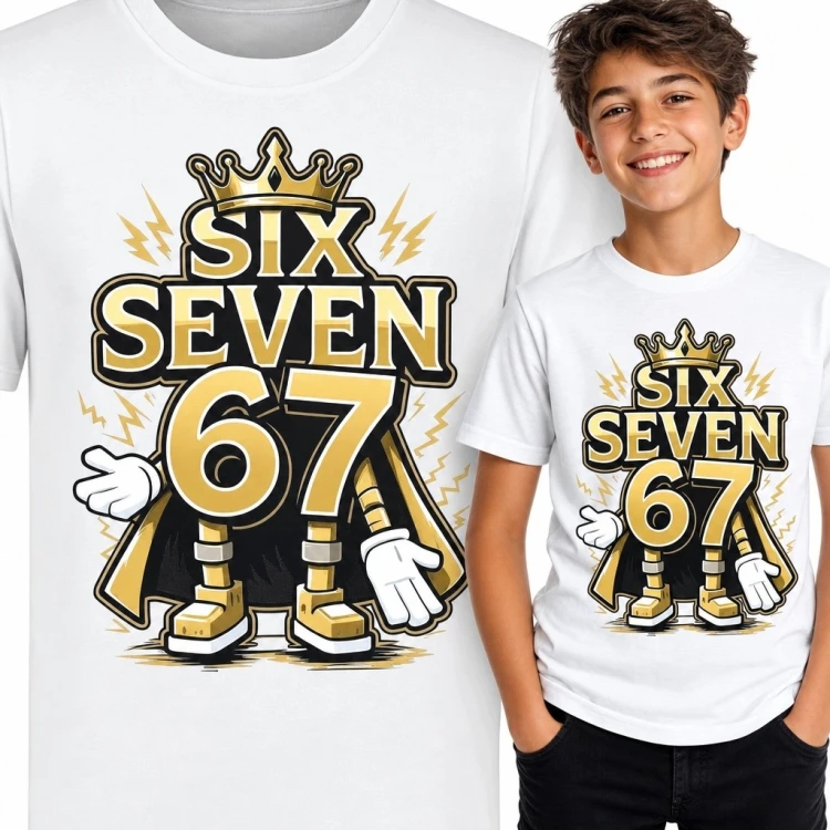 Koszulka chłopięca z komiksową liczbą 67 i koroną „Six Seven 67”