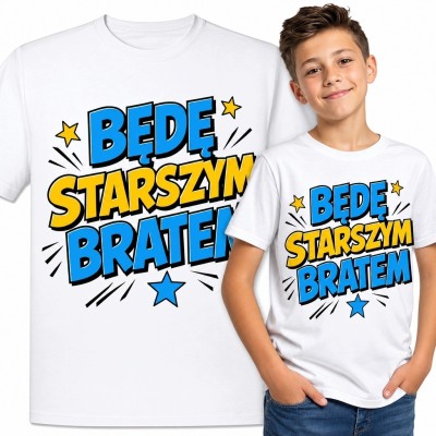 Koszulka chłopięca „Będę starszym bratem” - niebiesko-żółty napis z gwiazdkami