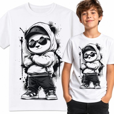 Koszulka chłopięca z pandą w okularach - streetwear i graffiti
