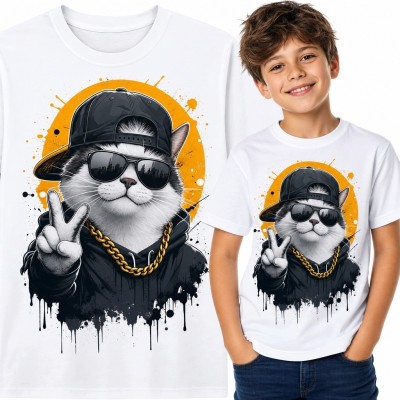 Koszulka chłopięca z kotem hip-hop - streetwearowy wzór graffiti