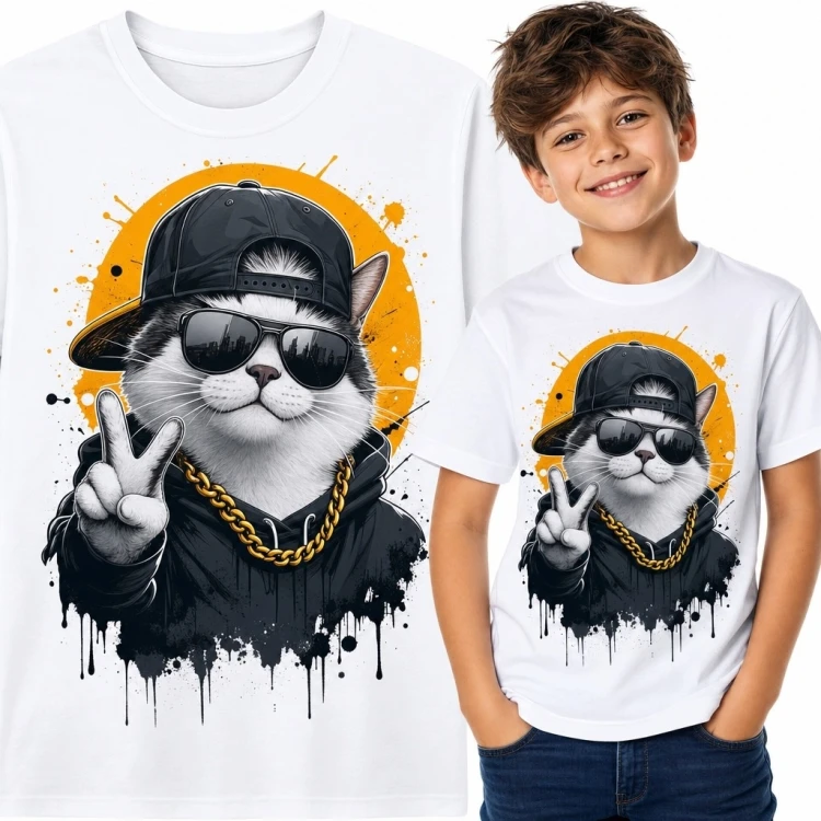Koszulka chłopięca z kotem hip-hop - streetwearowy wzór graffiti