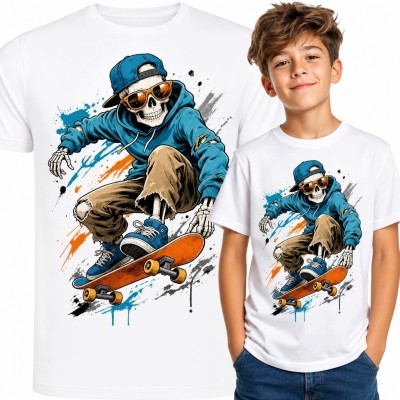 Koszulka chłopięca ze szkieletem-skaterem na deskorolce - streetwear i graffiti