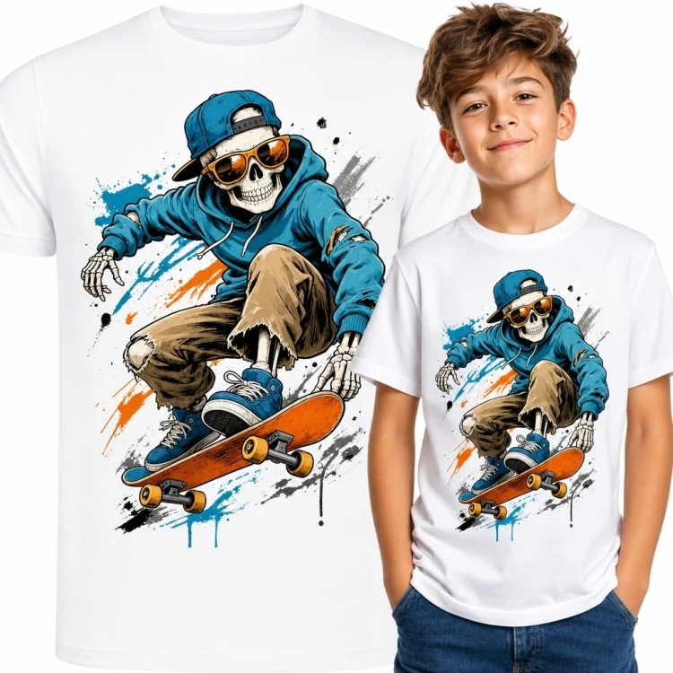 Koszulka chłopięca ze szkieletem-skaterem na deskorolce - streetwear i graffiti