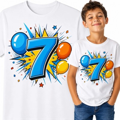 Koszulka chłopięca na 7 urodziny z cyfrą „7” i kolorowymi balonami