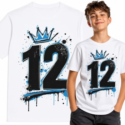 Koszulka chłopięca na 12 urodziny z liczbą „12”, koroną i graffiti - uliczny wzór