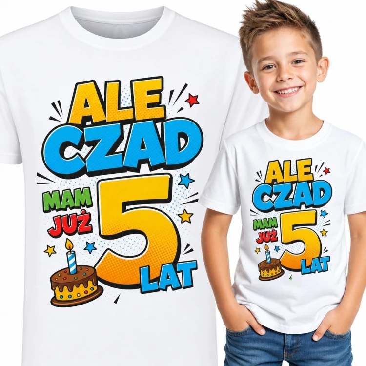 Koszulka chłopięca na 5 urodziny „Ale czad, mam już 5 lat” - kolorowy nadruk z tortem