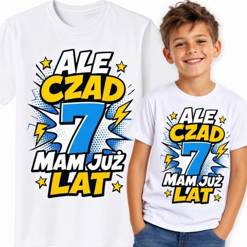 Koszulka chłopięca na 7 urodziny „Ale czad 7 mam już lat” - komiksowy nadruk