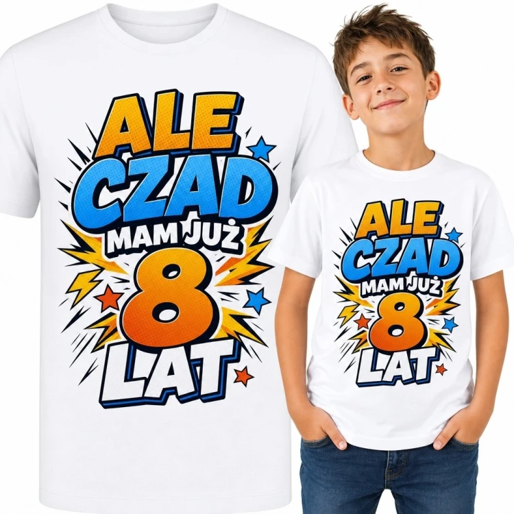 Koszulka chłopięca na 8 urodziny „Ale czad, mam już 8 lat” - komiksowa cyfra 8
