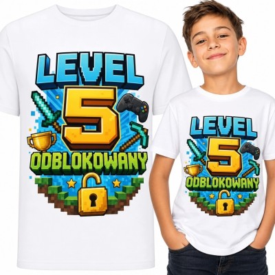 Koszulka chłopięca na 5 urodziny „Level 5 odblokowany” - gamingowy pixel art