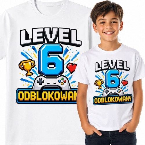 Koszulka chłopięca na 6 urodziny - gamingowy motyw „Level 6 odblokowany”