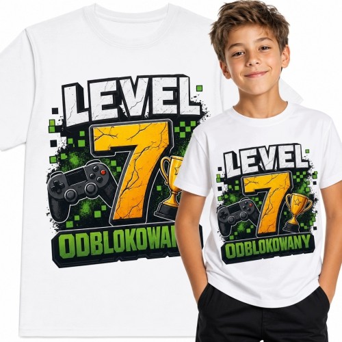 Koszulka chłopięca gamingowa „Level 7 odblokowany” na 7 urodziny
