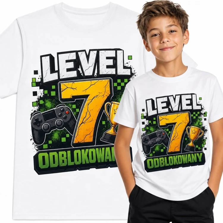 Koszulka chłopięca gamingowa „Level 7 odblokowany” na 7 urodziny