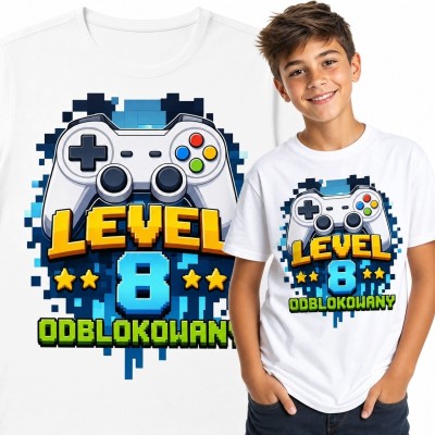 Koszulka chłopięca na 8 urodziny z kontrolerem „Level 8 odblokowany” - pixel art