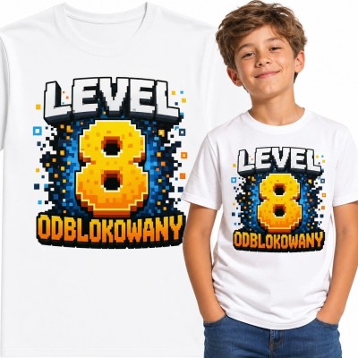 Koszulka chłopięca z nadrukiem „Level 8 odblokowany” na 8 urodziny - pikselowy motyw gamingowy