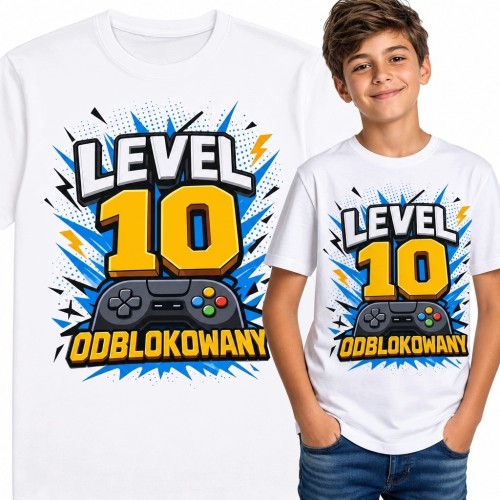 Koszulka chłopięca na 10 urodziny „Level 10 odblokowany” - kontroler i komiksowy rozbłysk