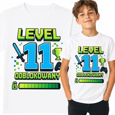 Koszulka chłopięca na 11 urodziny „Level 11 odblokowany” - pikselowy motyw gracza